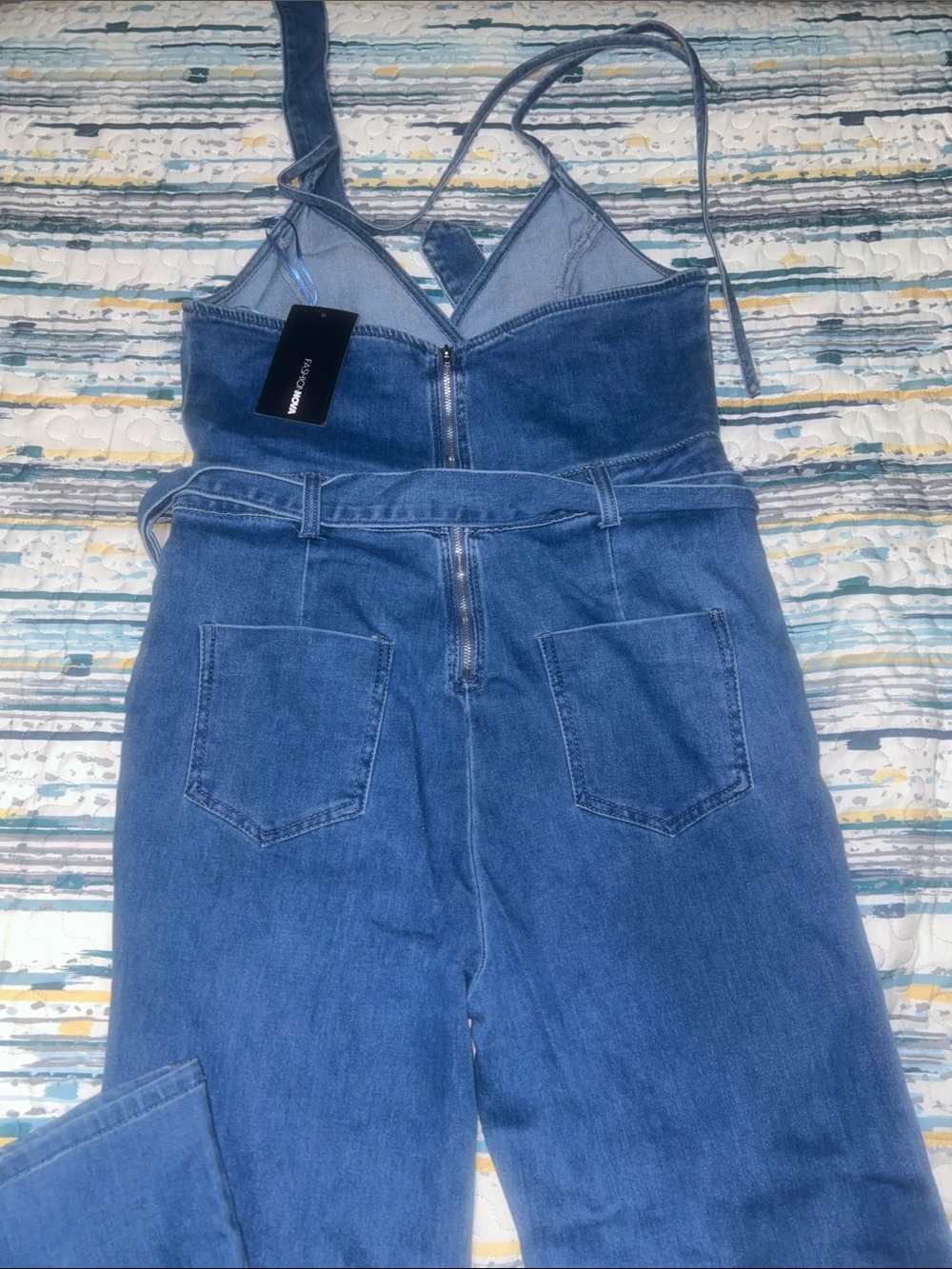 Fashion Nova Blue Denim Wide-Leg Jumpsuit with Tie Waist - Picture 4 of 5
